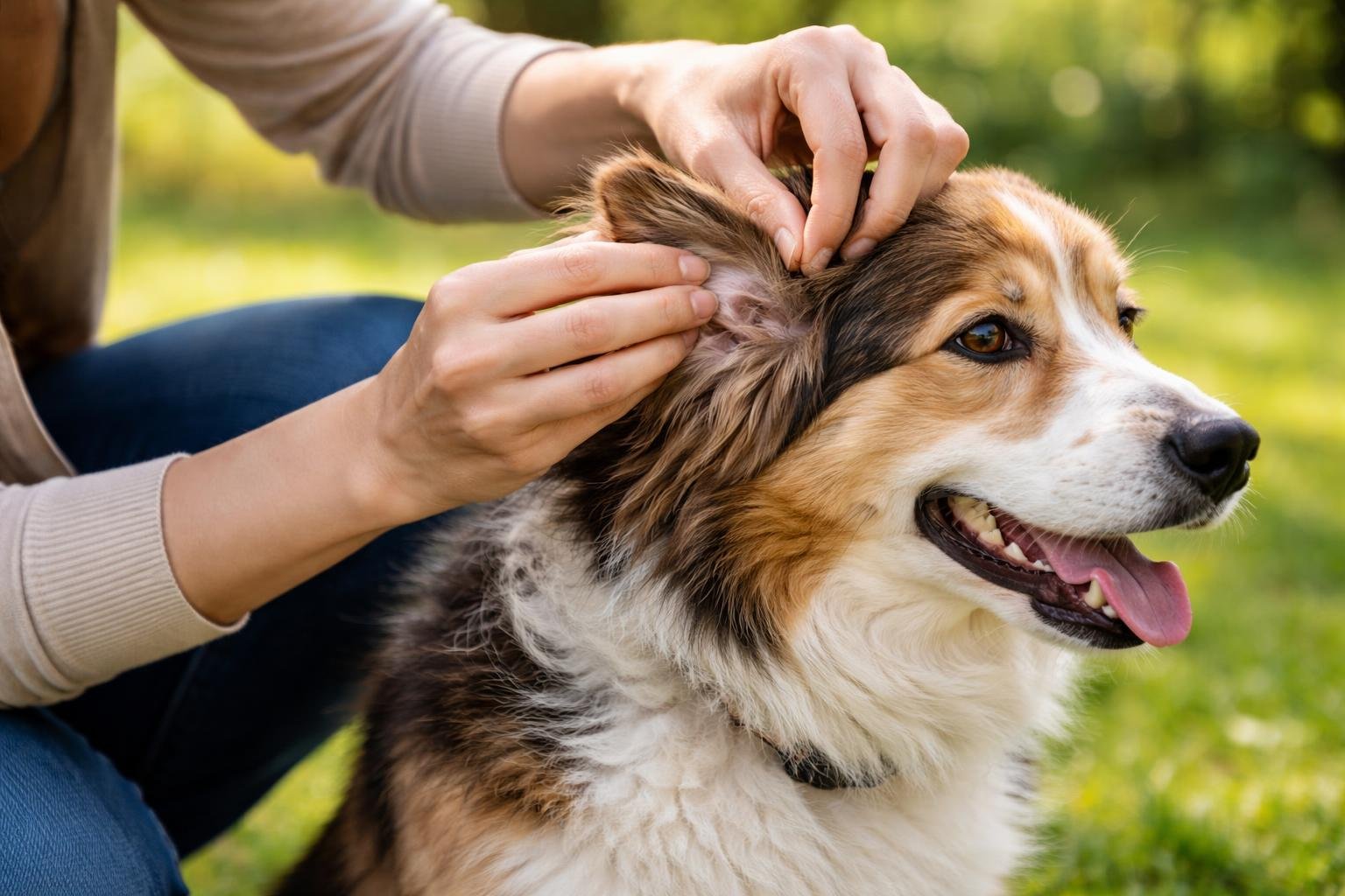 A person gently checking a dog’s fur for ticks outdoors in a grassy area.