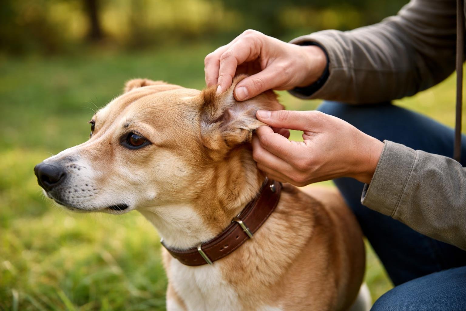 A person gently checking a dog for ticks outdoors on grass.