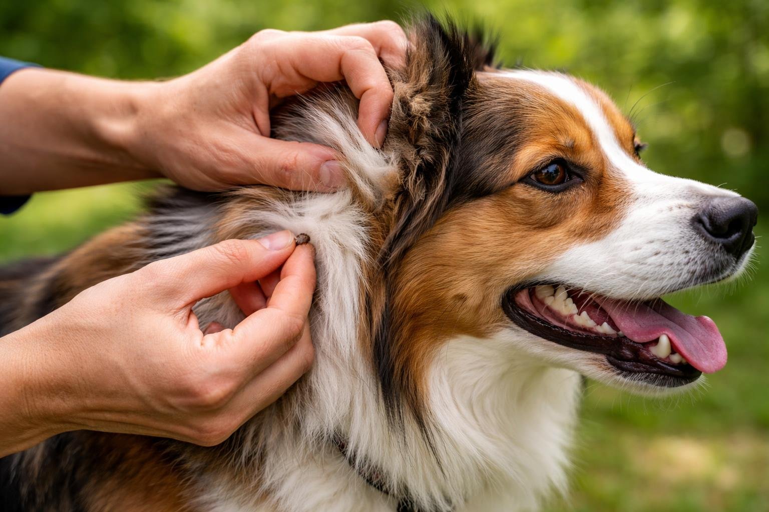 A person gently checking a dog for ticks outdoors in a natural setting.