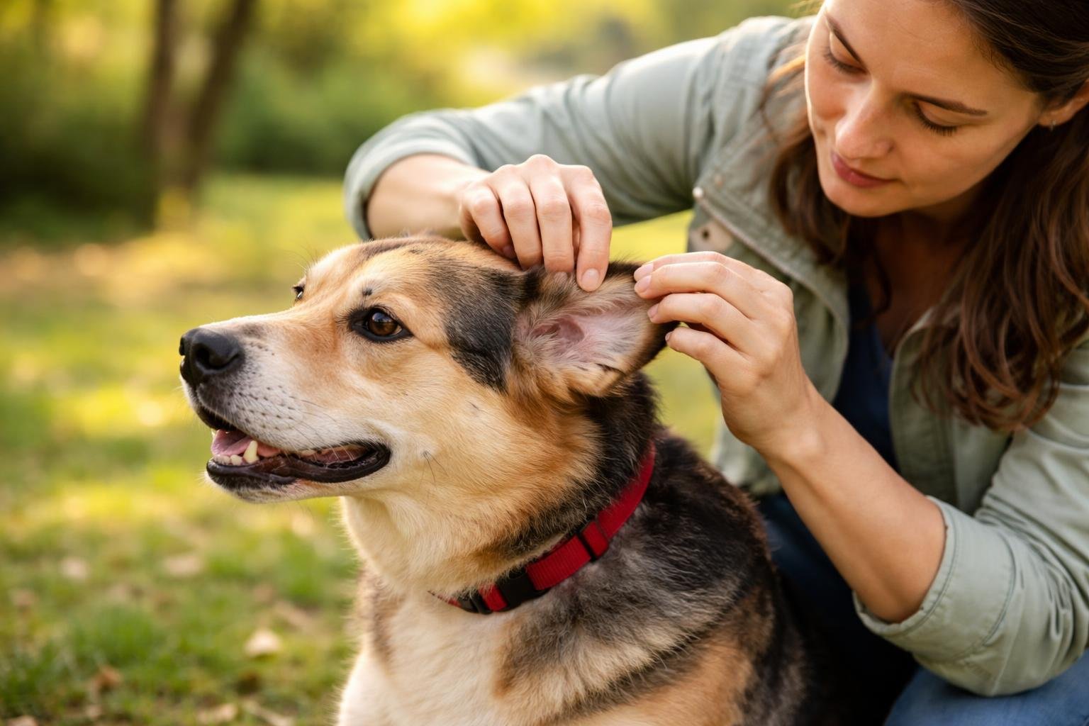 A person gently checking a dog for ticks outdoors in a grassy area.