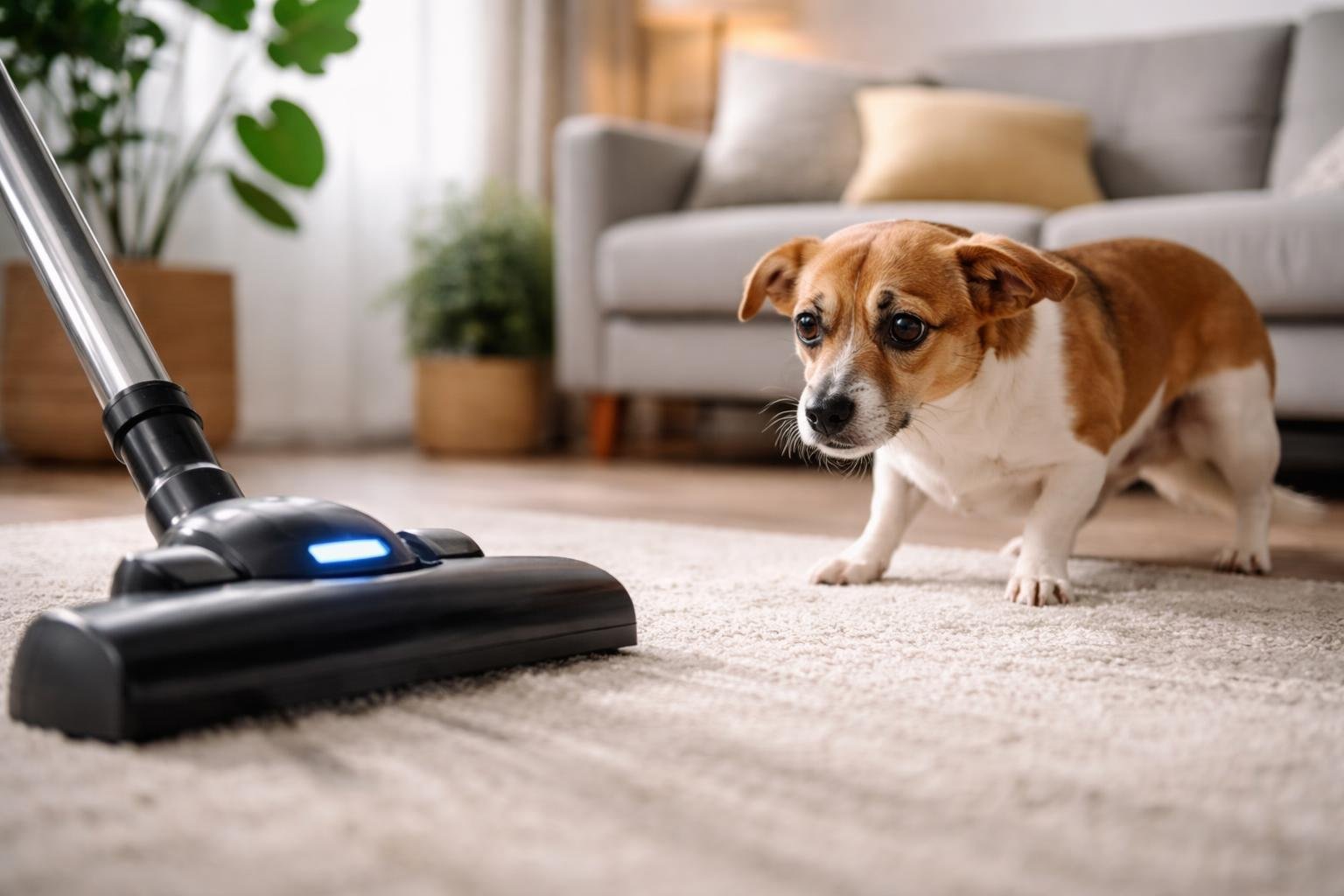 A dog looking scared and backing away from a running vacuum cleaner in a living room.