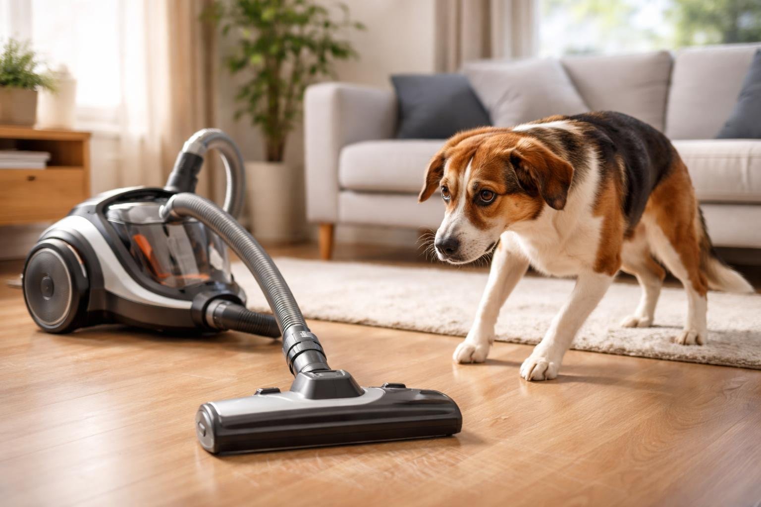 A dog looking fearful and retreating from a vacuum cleaner in a bright living room.