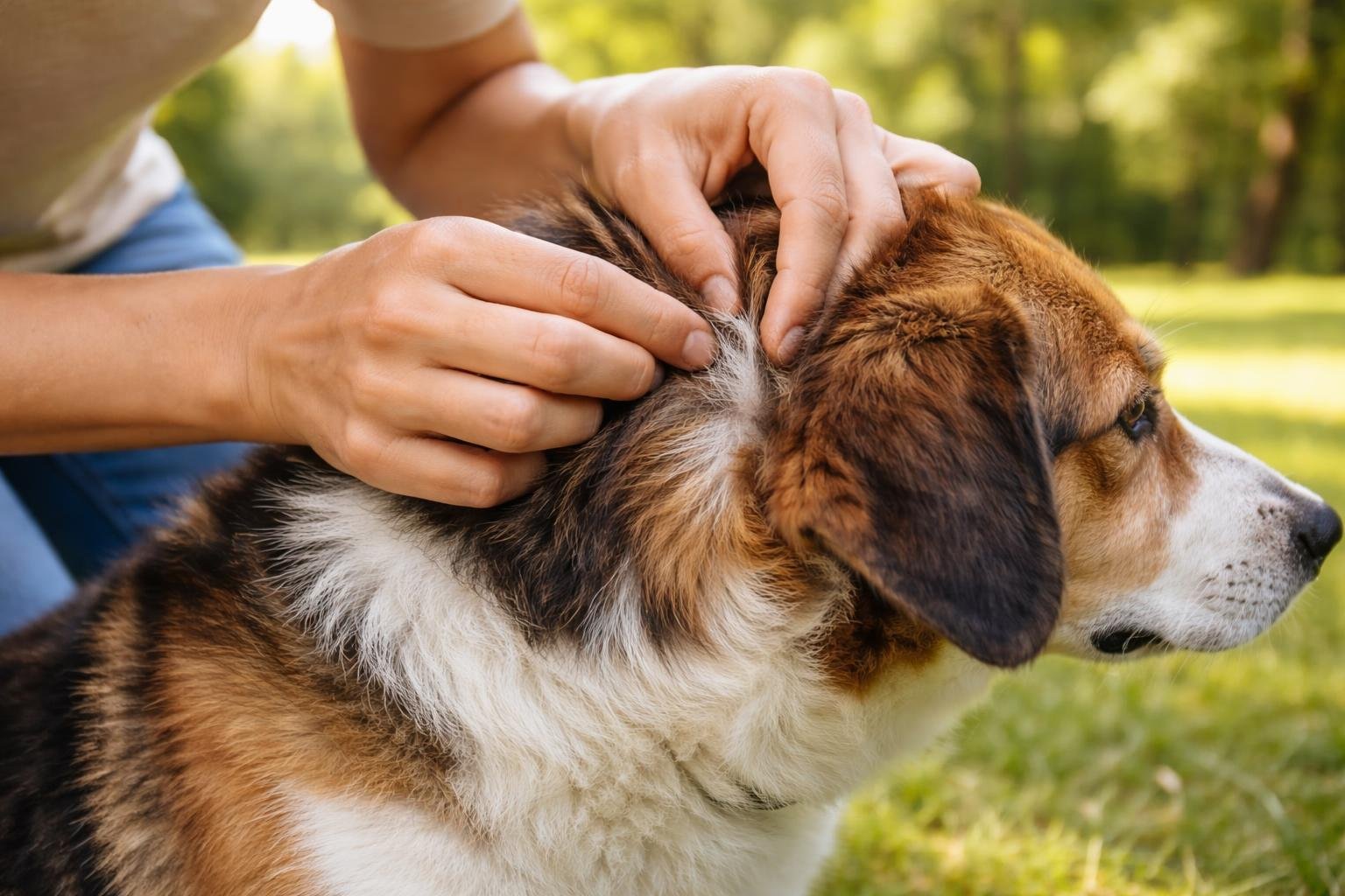 A person gently checking a dog for ticks outdoors in a grassy area.
