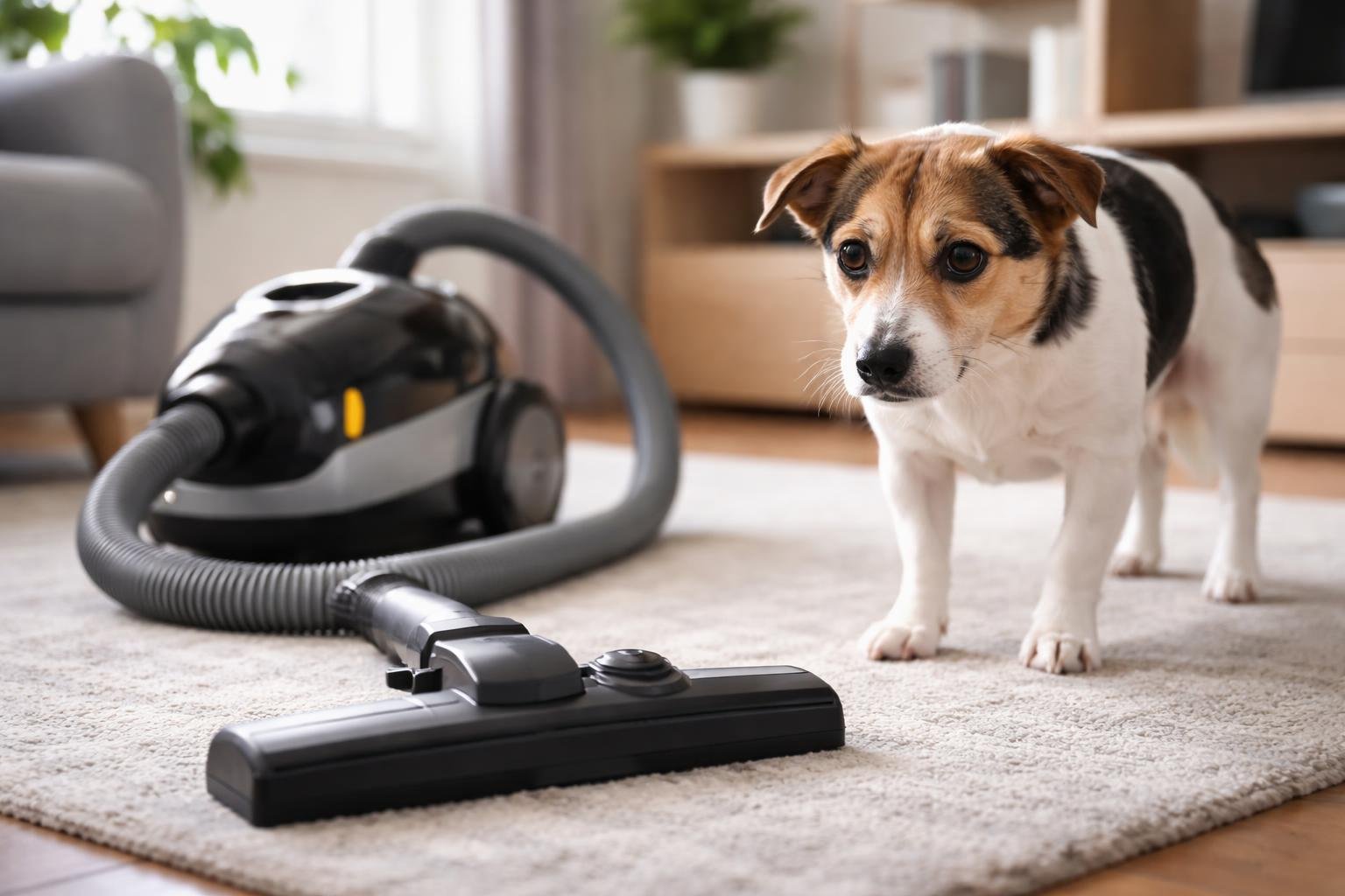 A small dog looking anxious near a vacuum cleaner in a living room.
