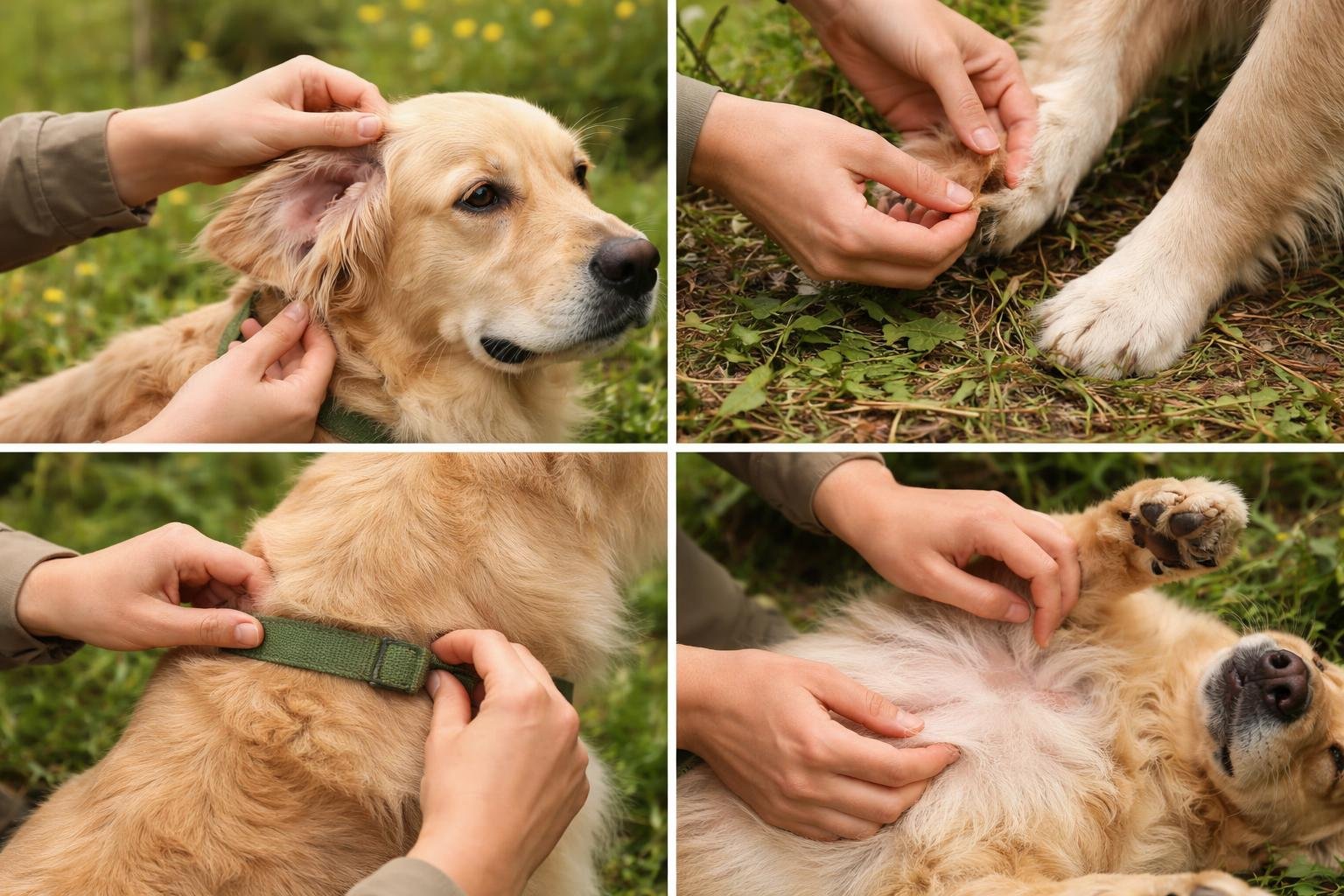 A person checking a dog for ticks by examining its ears, paws, and belly outdoors among grass and bushes.