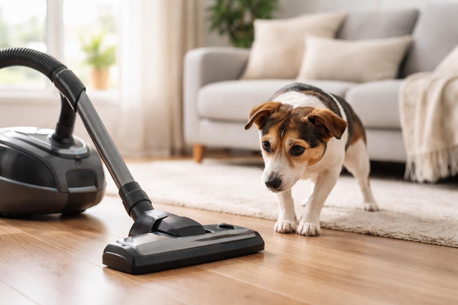 A dog looking cautiously at a vacuum cleaner in a bright living room.