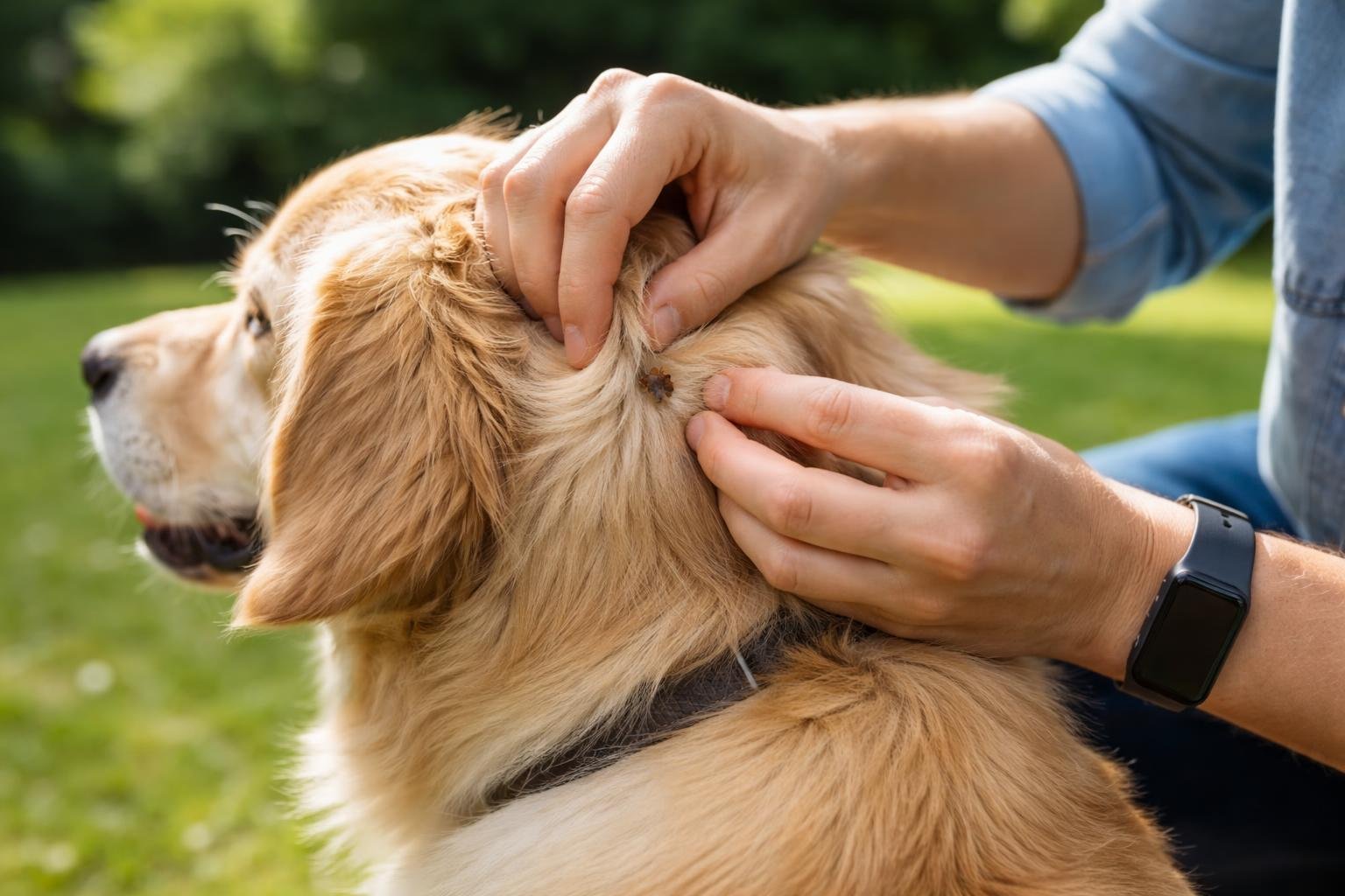 A person gently checking a dog’s fur for ticks outdoors in a grassy area.