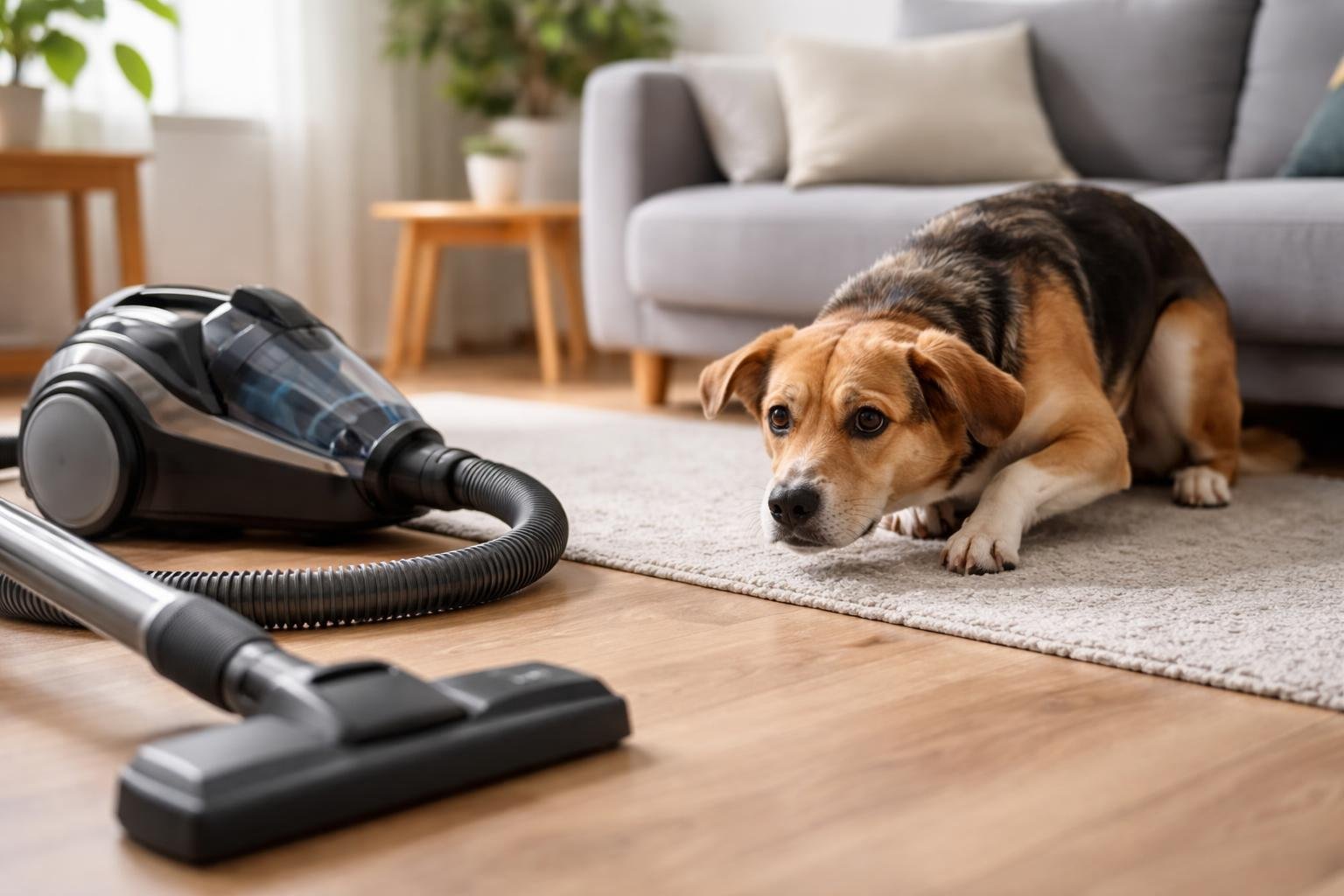 A dog looking scared and crouched near a vacuum cleaner in a living room.