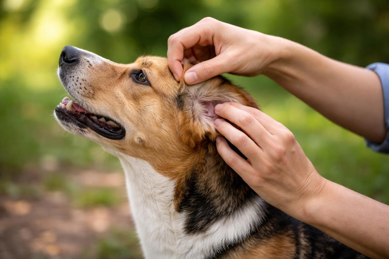 A person gently checking a dog for ticks outdoors in a natural setting.