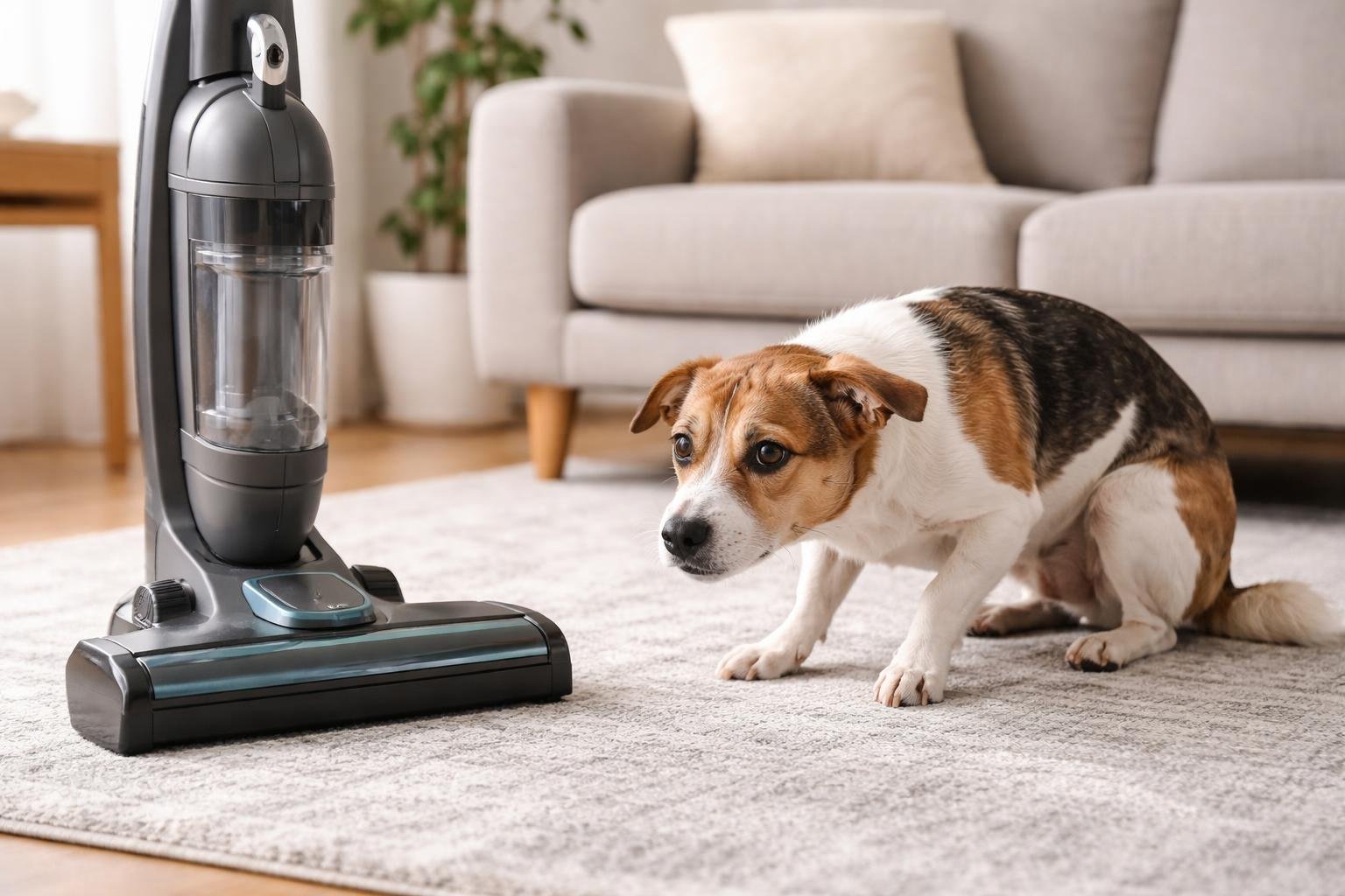 A dog showing fear near a vacuum cleaner in a living room.
