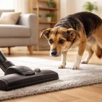 A dog looking scared and moving away from a vacuum cleaner in a living room.
