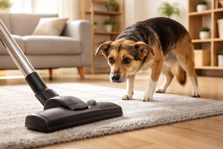 A dog looking scared and moving away from a vacuum cleaner in a living room.