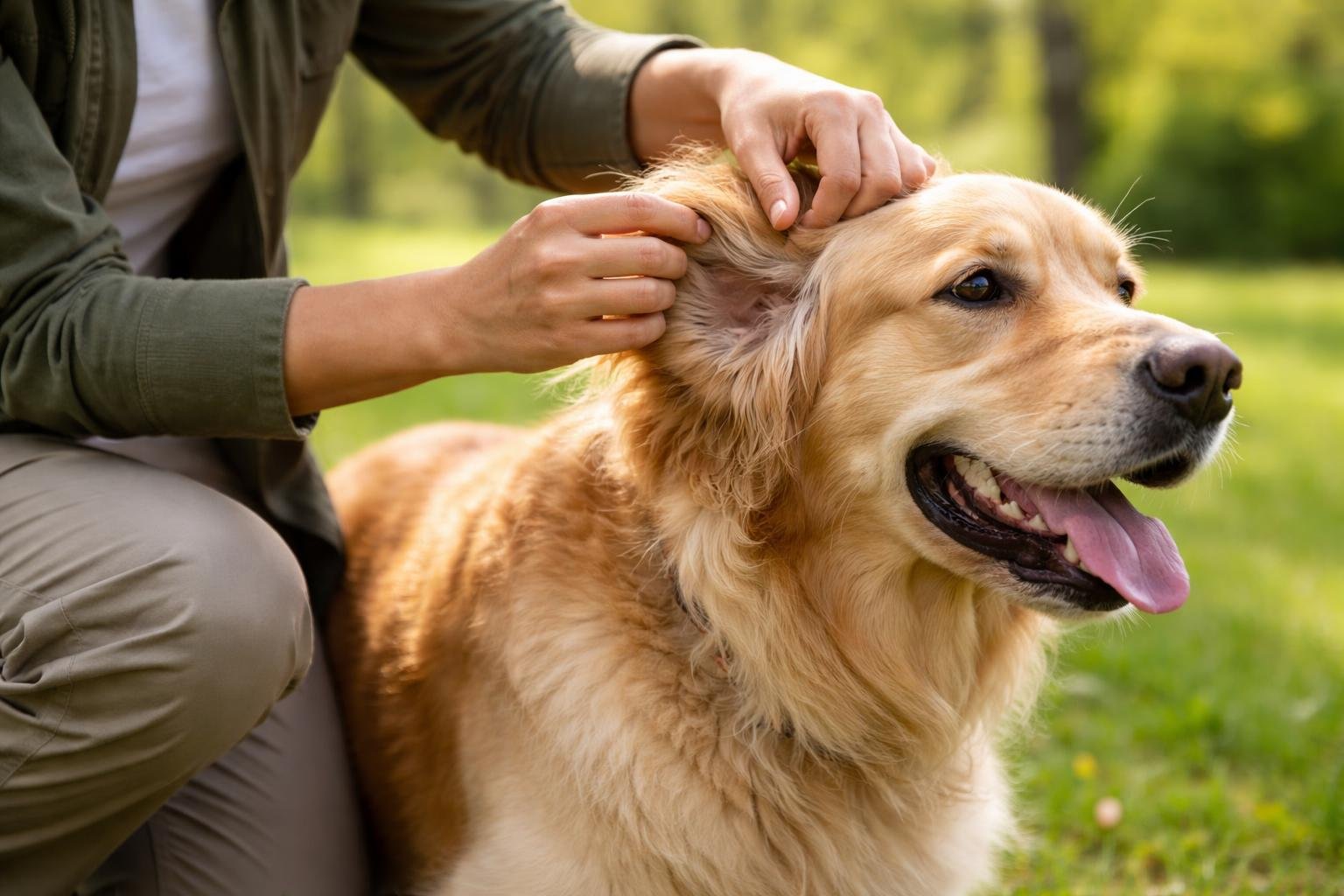 A person checking a golden retriever dog for ticks outdoors in a green park.