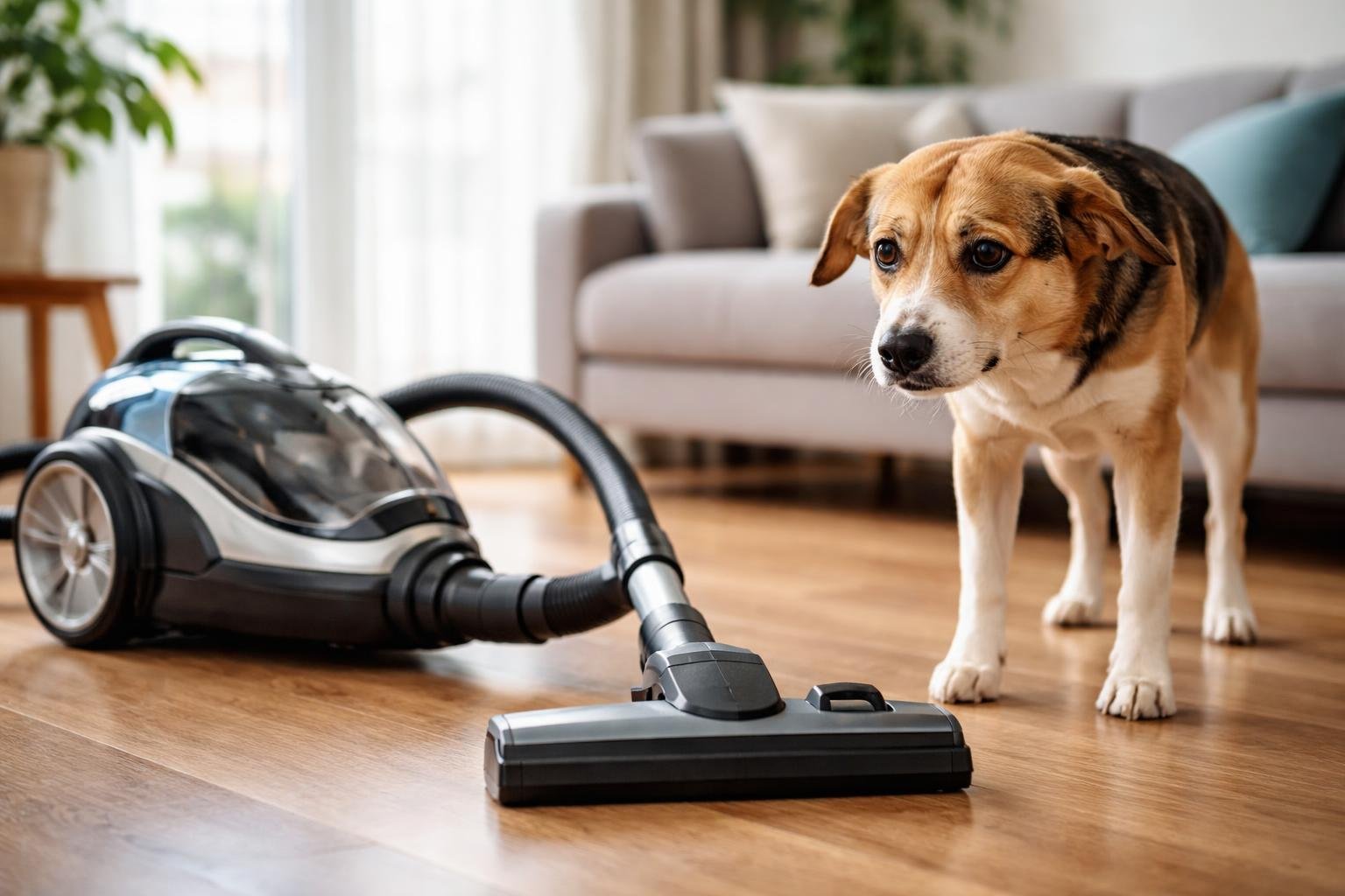 A dog looking scared near a vacuum cleaner in a living room.