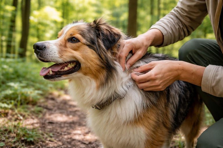 A person outdoors checking a dog for ticks in a forest setting during late spring or early summer.