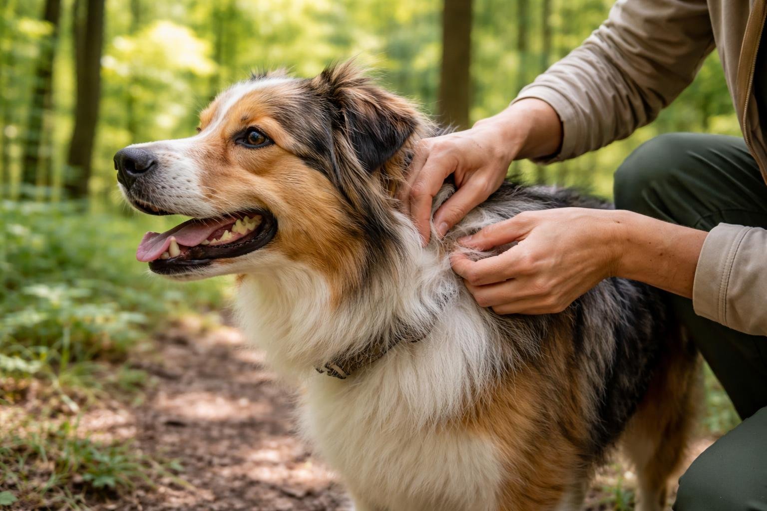 A person outdoors checking a dog for ticks in a forest setting during late spring or early summer.