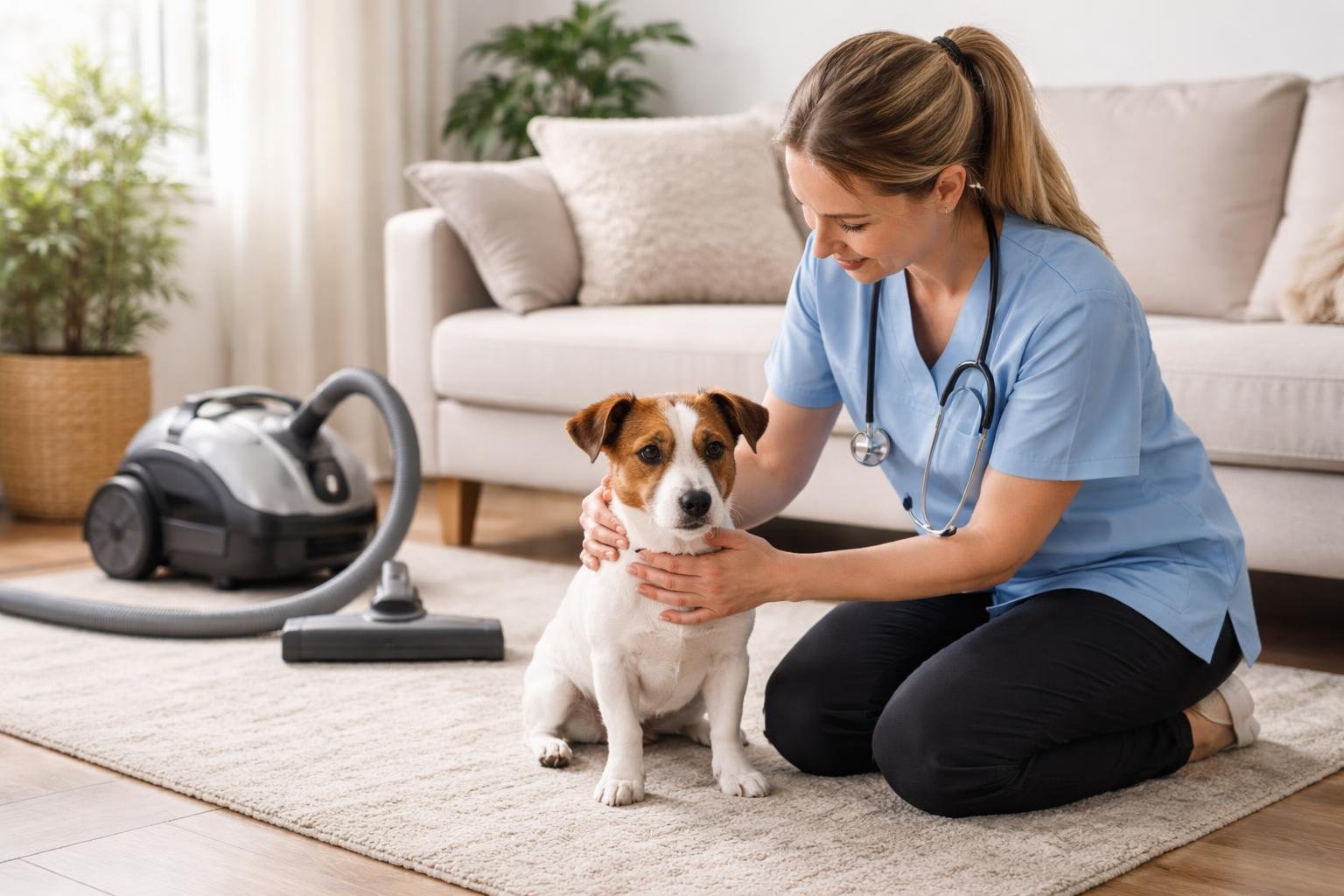 A veterinarian comforting a nervous small dog in a bright living room with a vacuum cleaner nearby.