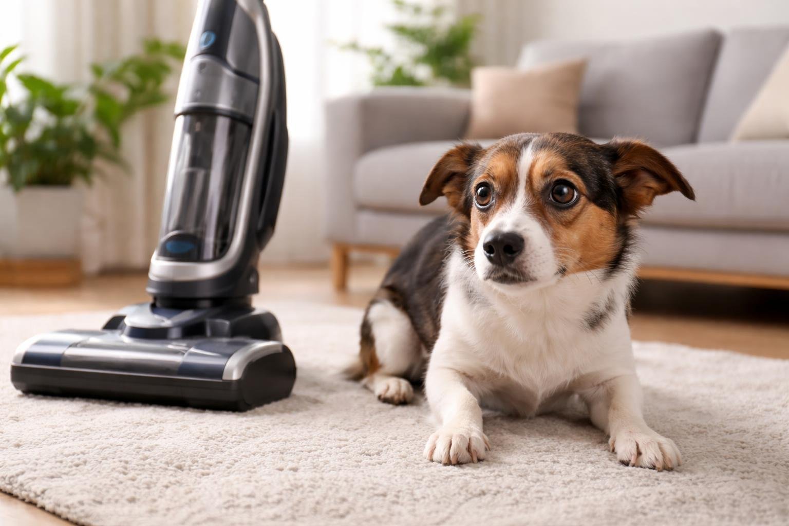 A small dog looking scared near a vacuum cleaner in a living room.