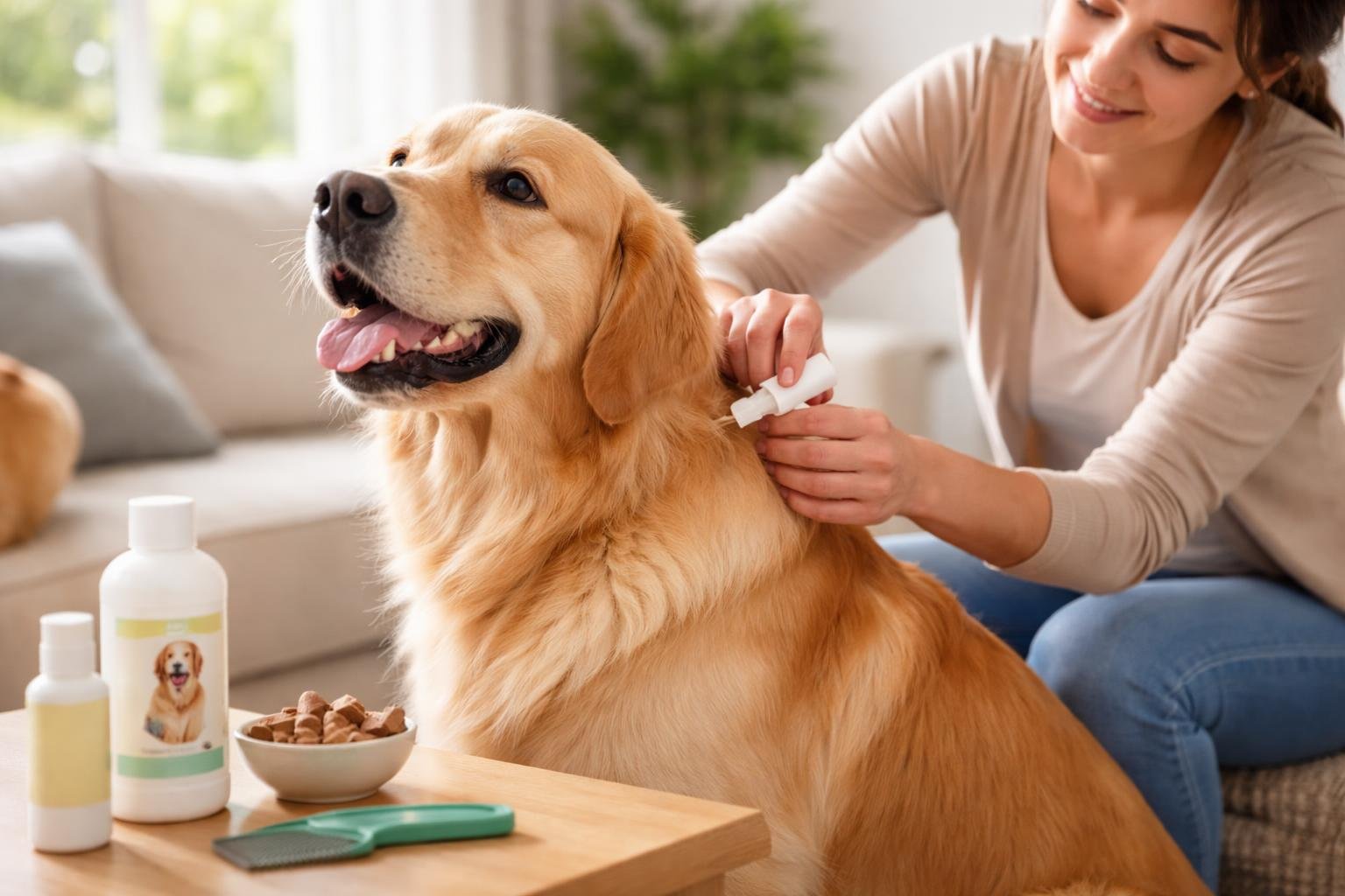 A person applying flea treatment to a calm dog in a bright living room with pet care products on a nearby table.
