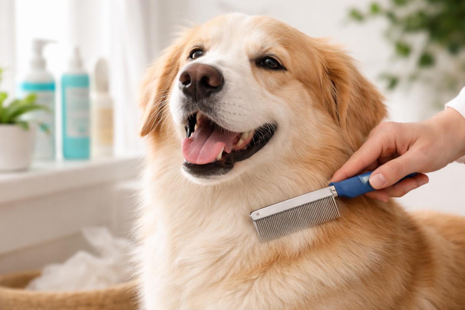 A person grooming a calm dog with a flea comb indoors, with pet care products visible in the background.