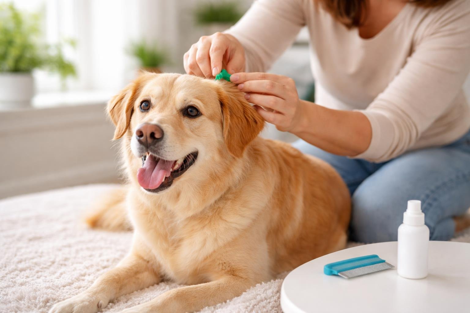 A person gently treating a calm dog for fleas at home using a flea comb and flea treatment.