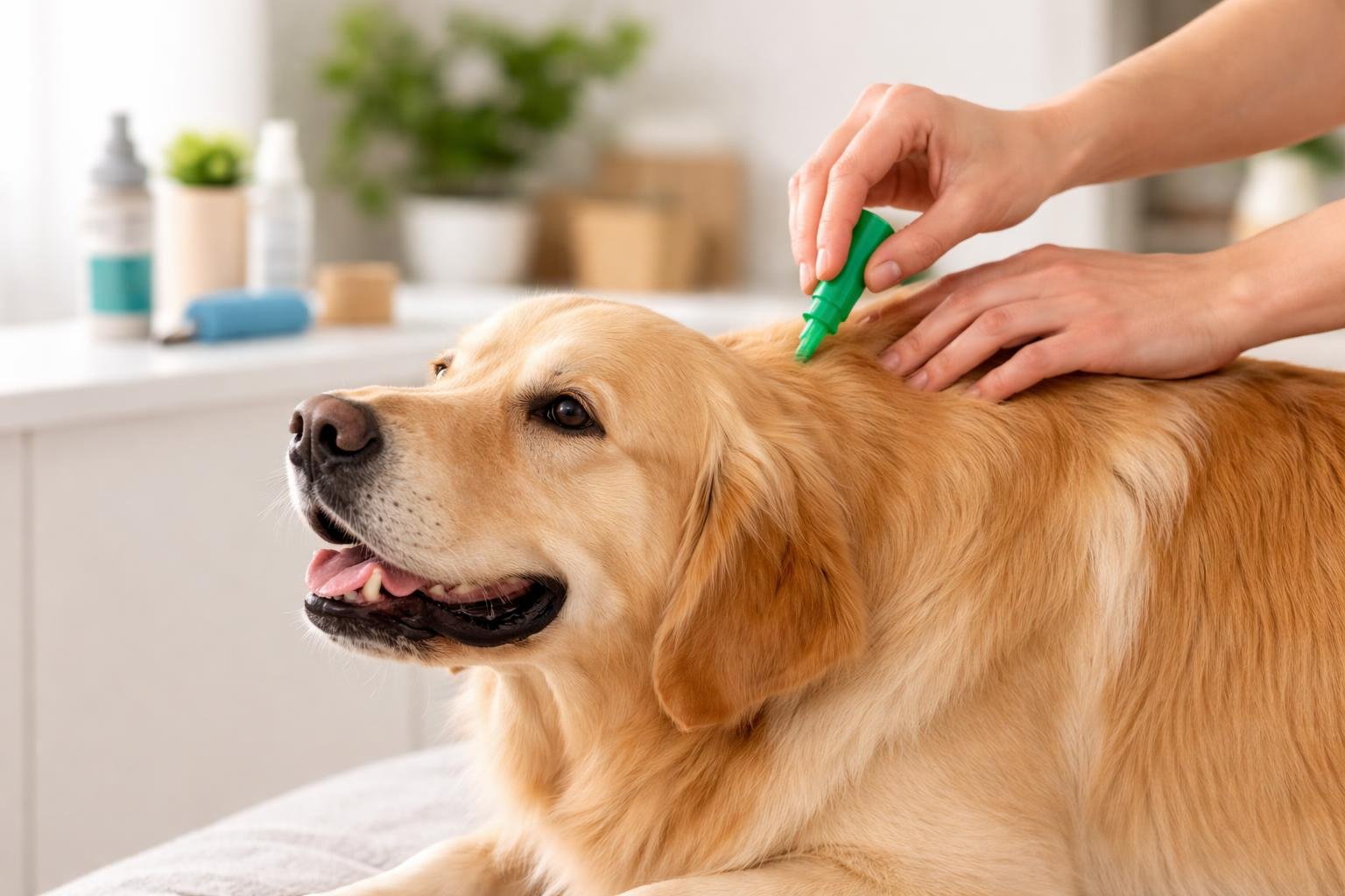 A person applying topical flea treatment to a calm dog indoors.