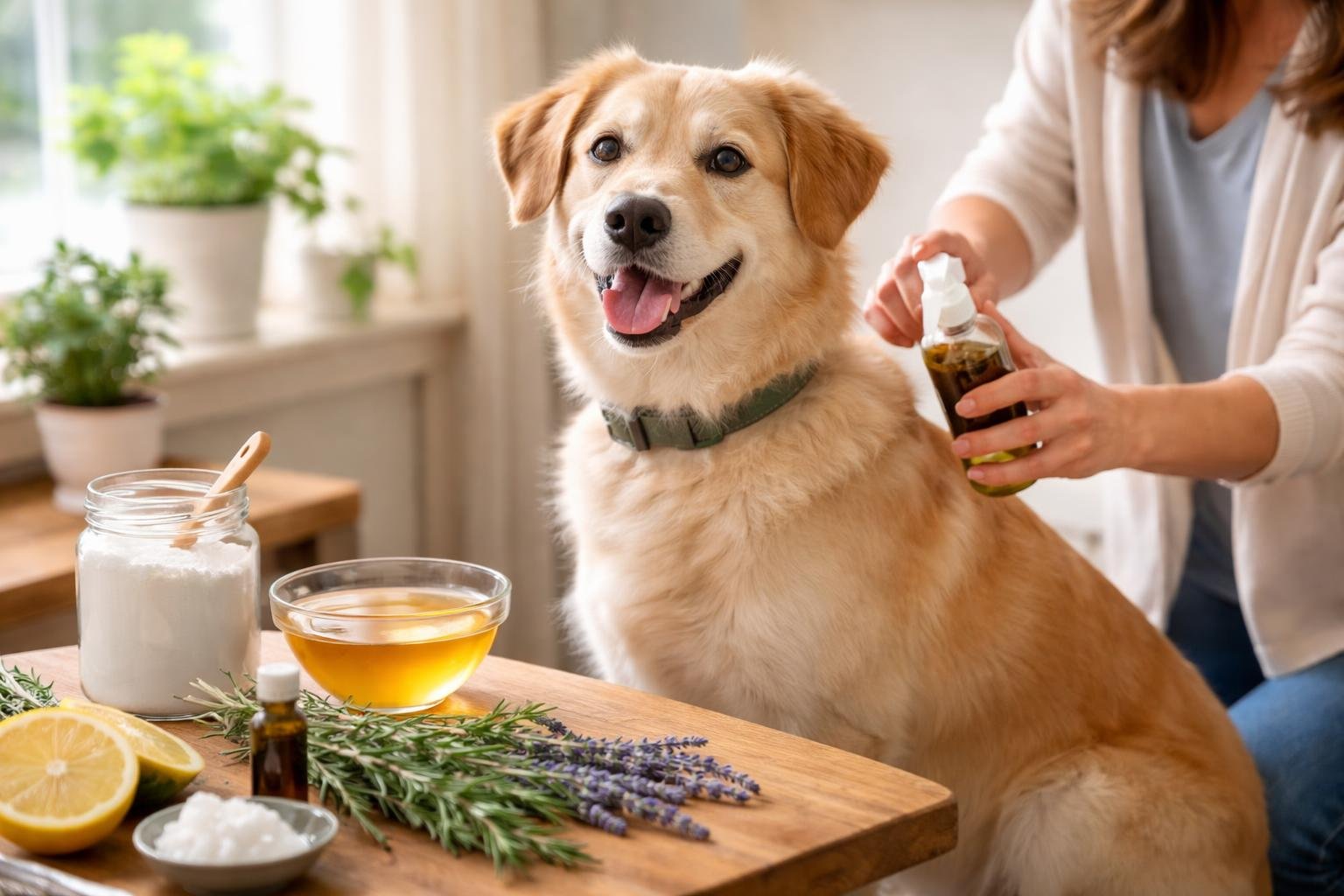 A person applying a natural flea treatment to a calm dog inside a bright home with natural remedy items on a table nearby.