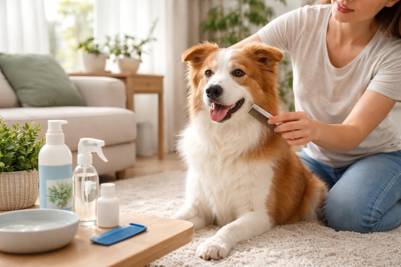 A person brushing a dog with a flea comb in a clean, bright living room with pet care products nearby.