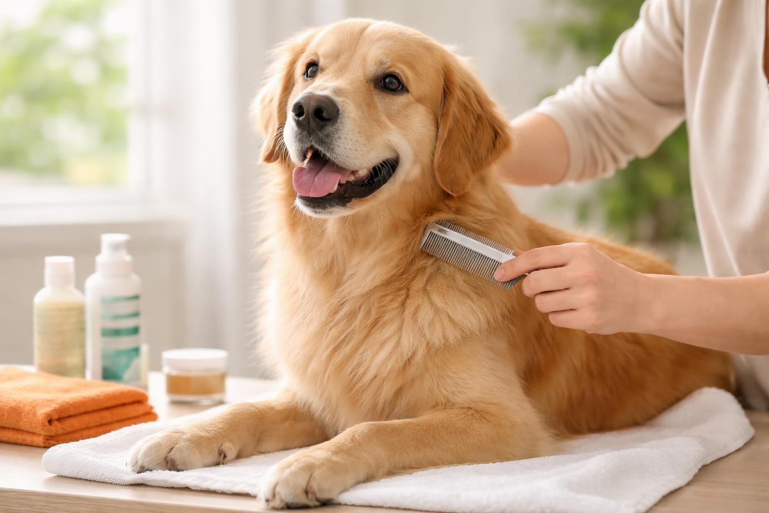 A person gently grooming a calm dog with a flea comb indoors, with flea treatment products nearby.
