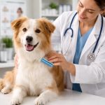 A veterinarian gently examining a dog on an examination table in a veterinary clinic.