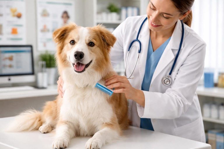 A veterinarian gently examining a dog on an examination table in a veterinary clinic.