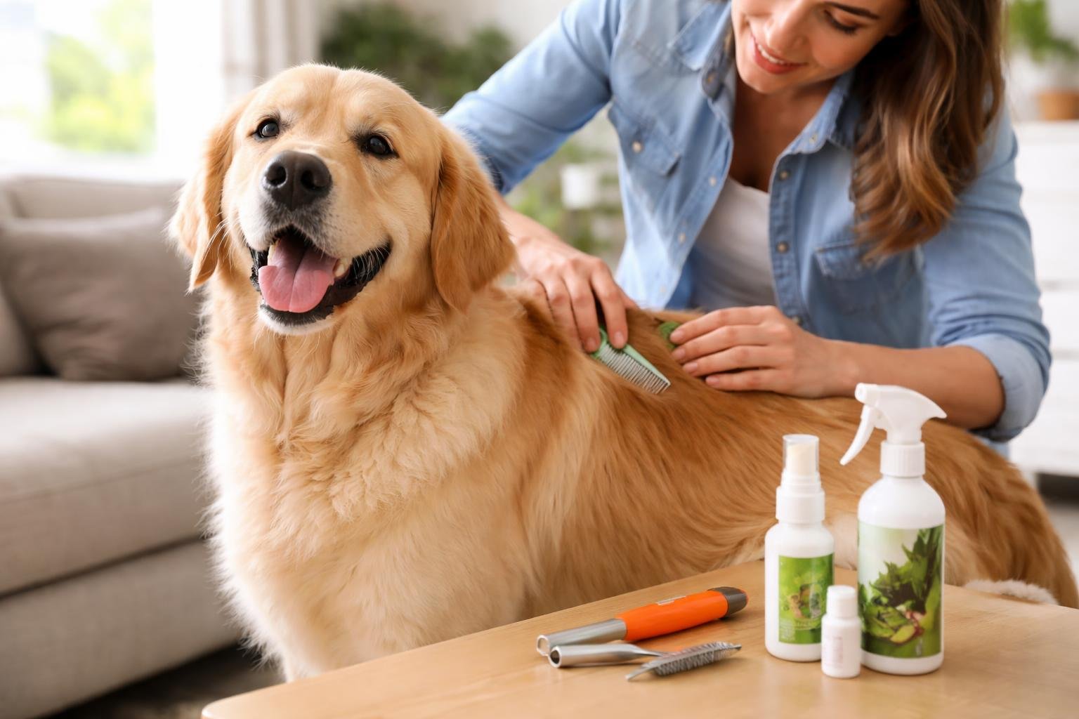 A person gently grooming a calm dog indoors with flea treatment items nearby.