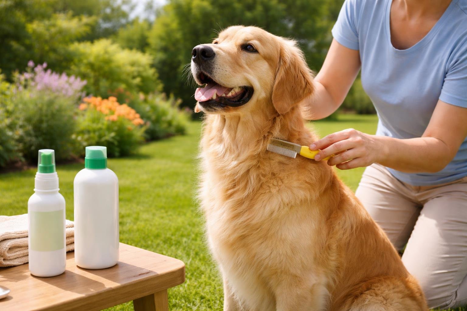 A person gently brushing a dog outdoors with flea treatment products nearby on a table.