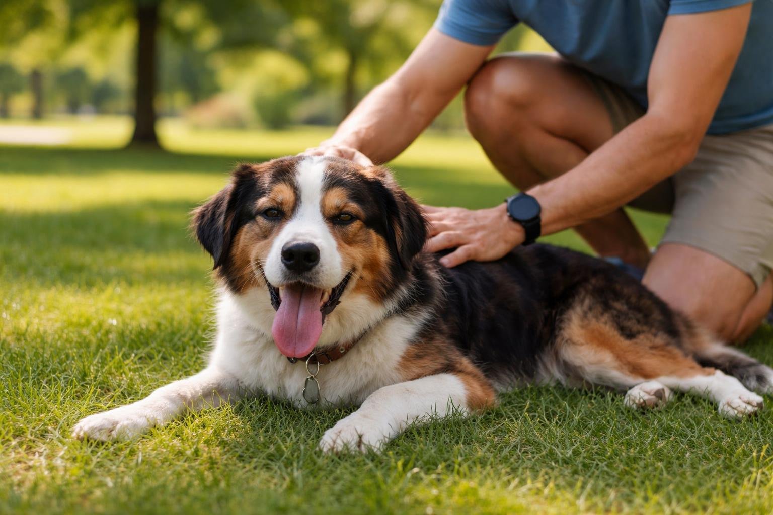 A tired dog lying on grass with its owner kneeling beside it, gently petting the dog in a park.