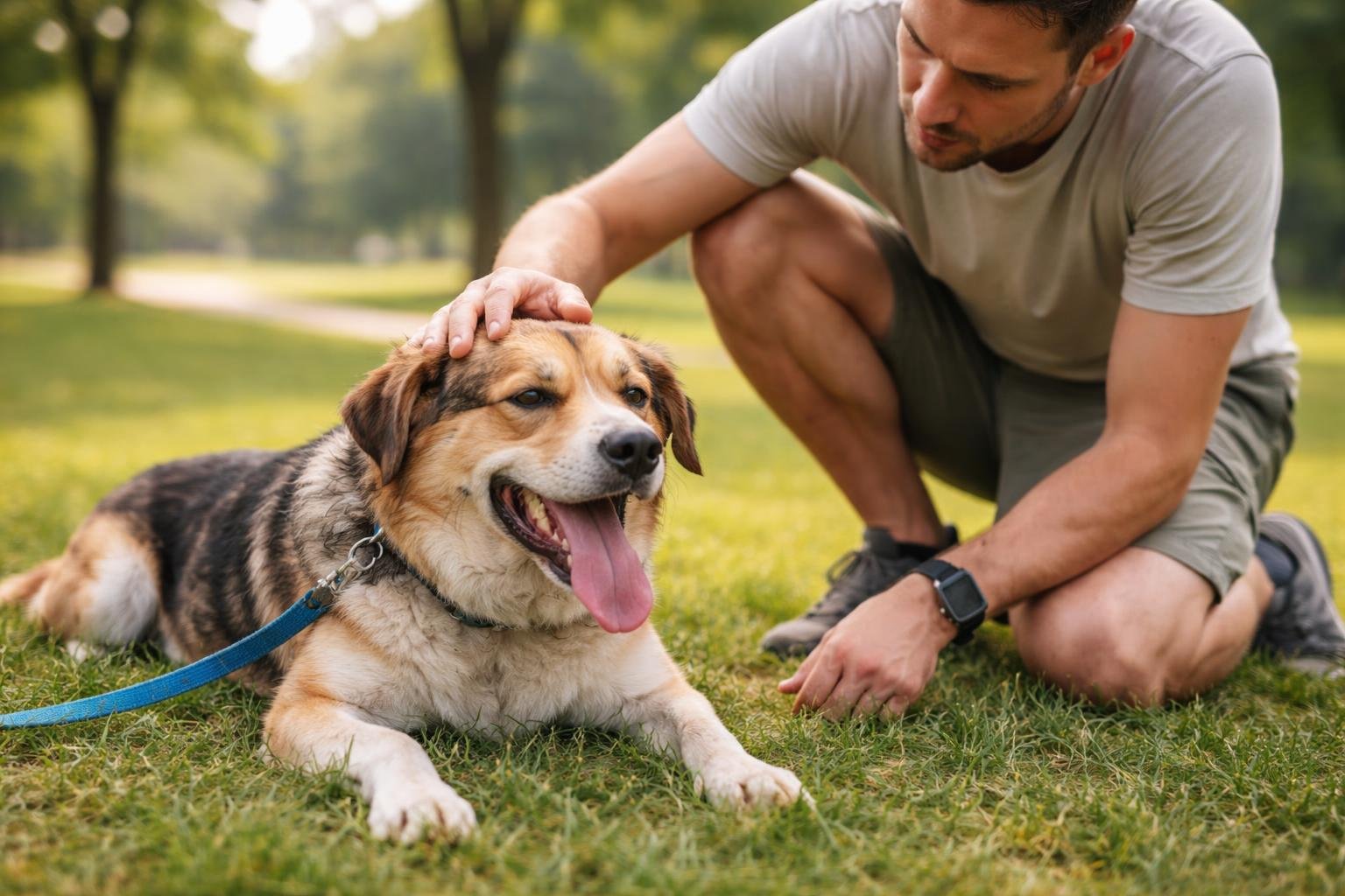A dog resting on grass while its owner gently pets it in a park.