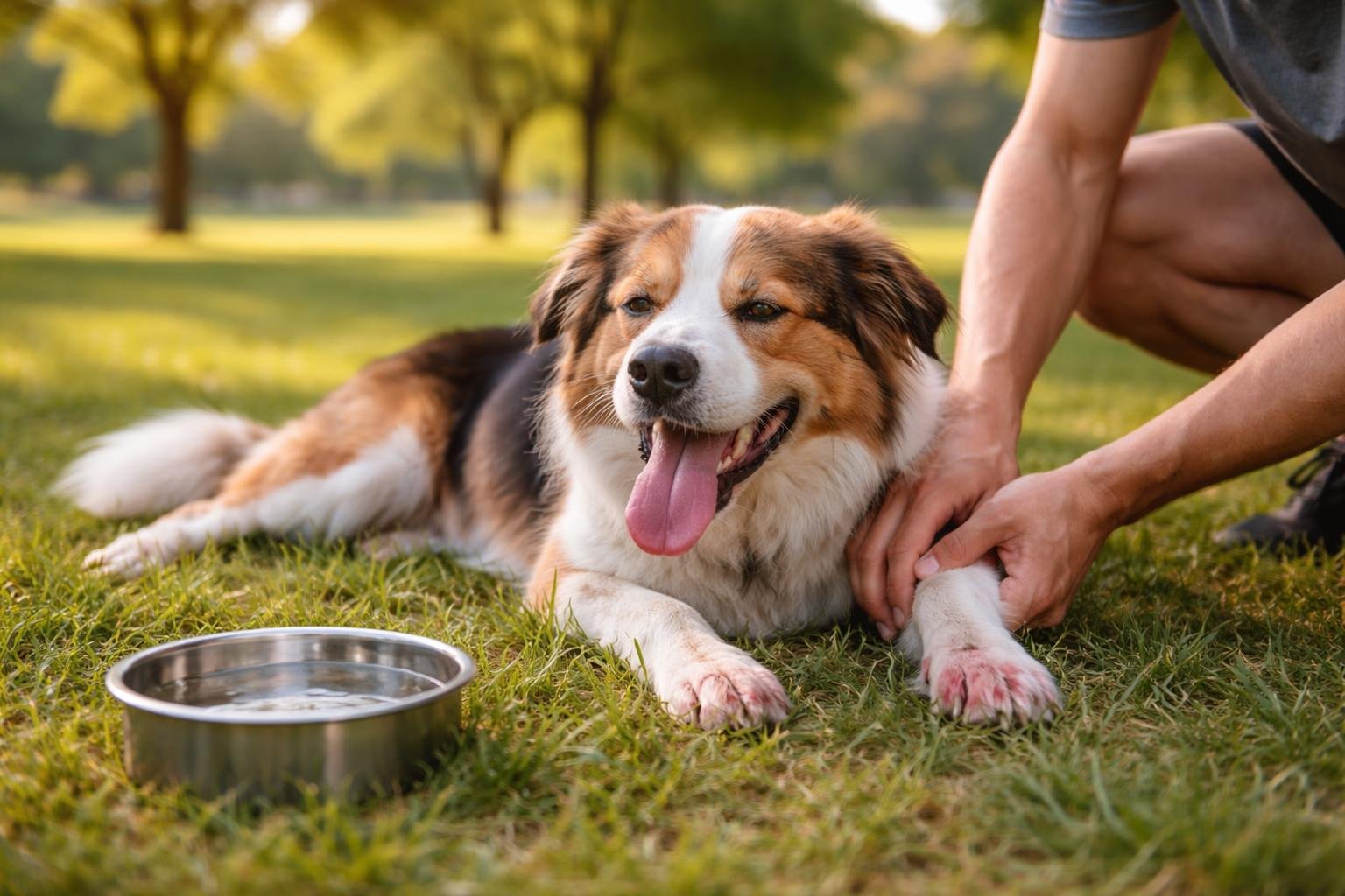 A tired dog resting on grass in a park with a concerned owner checking its leg.