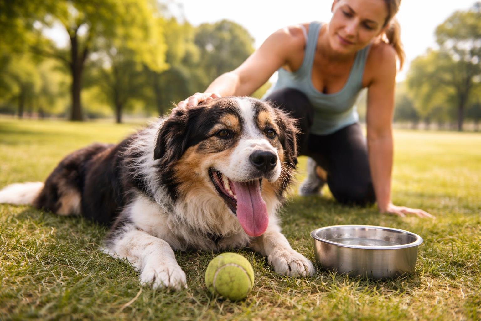 A tired dog lying on grass with a worn tennis ball nearby while its owner gently pets it in a sunny park.