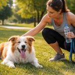 A tired dog resting on grass with its owner kneeling beside it in a park.