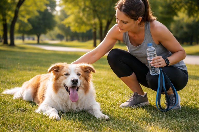 A tired dog resting on grass with its owner kneeling beside it in a park.