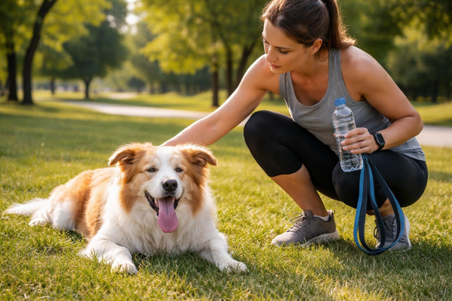 A tired dog resting on grass with its owner kneeling beside it in a park.