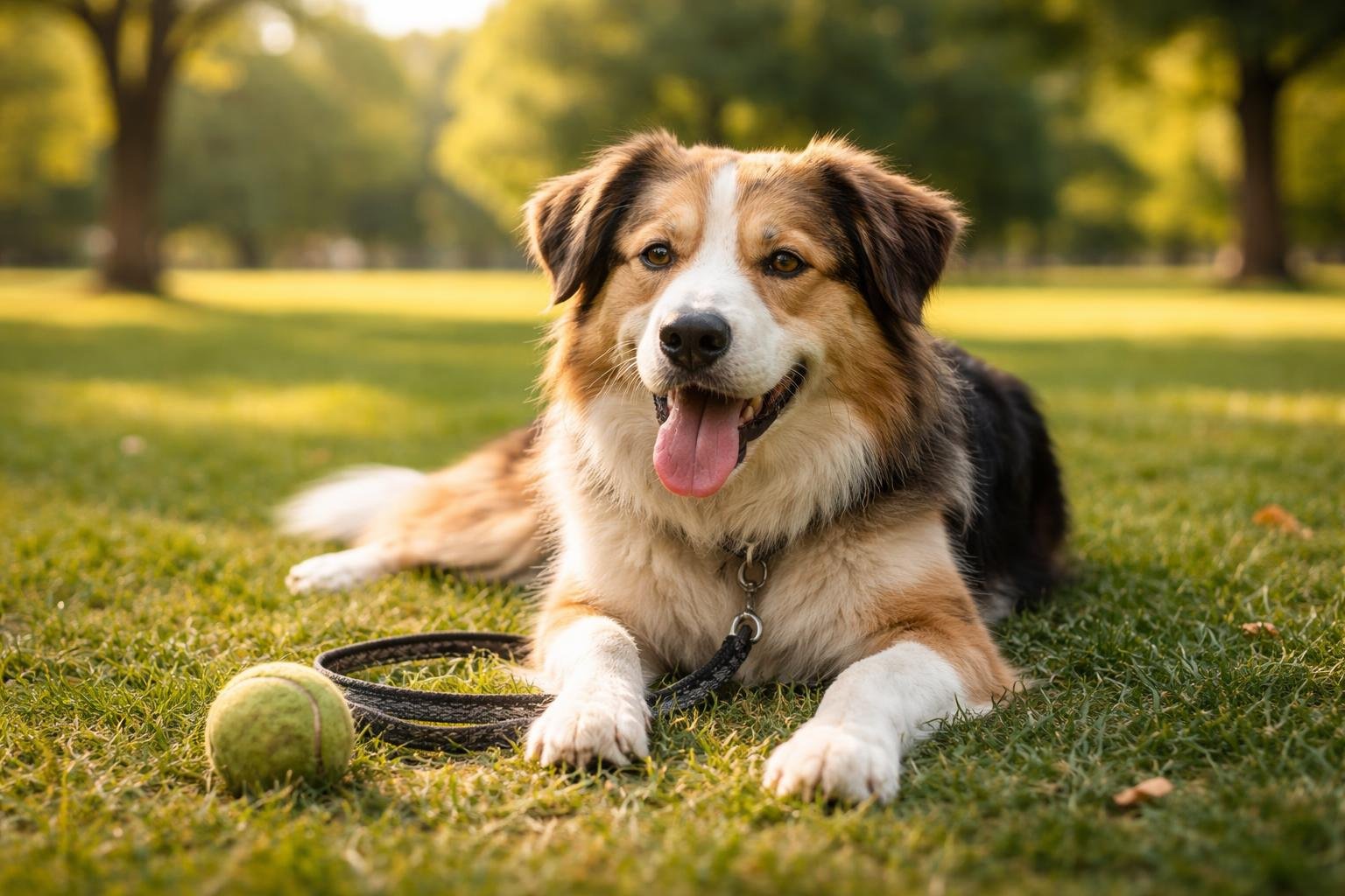 A medium-sized dog resting on grass in a park with a tennis ball and leash nearby, looking calm and slightly tired.