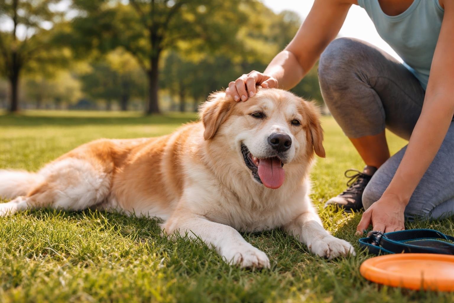 A dog resting on grass in a park while a person gently pets it.