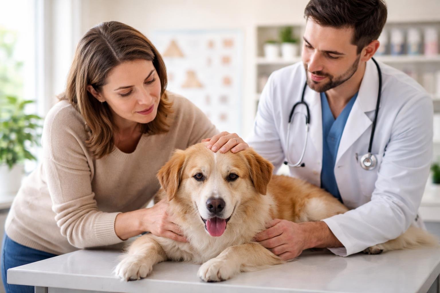 A concerned dog owner and a veterinarian examining a tired dog on an examination table in a veterinary clinic.