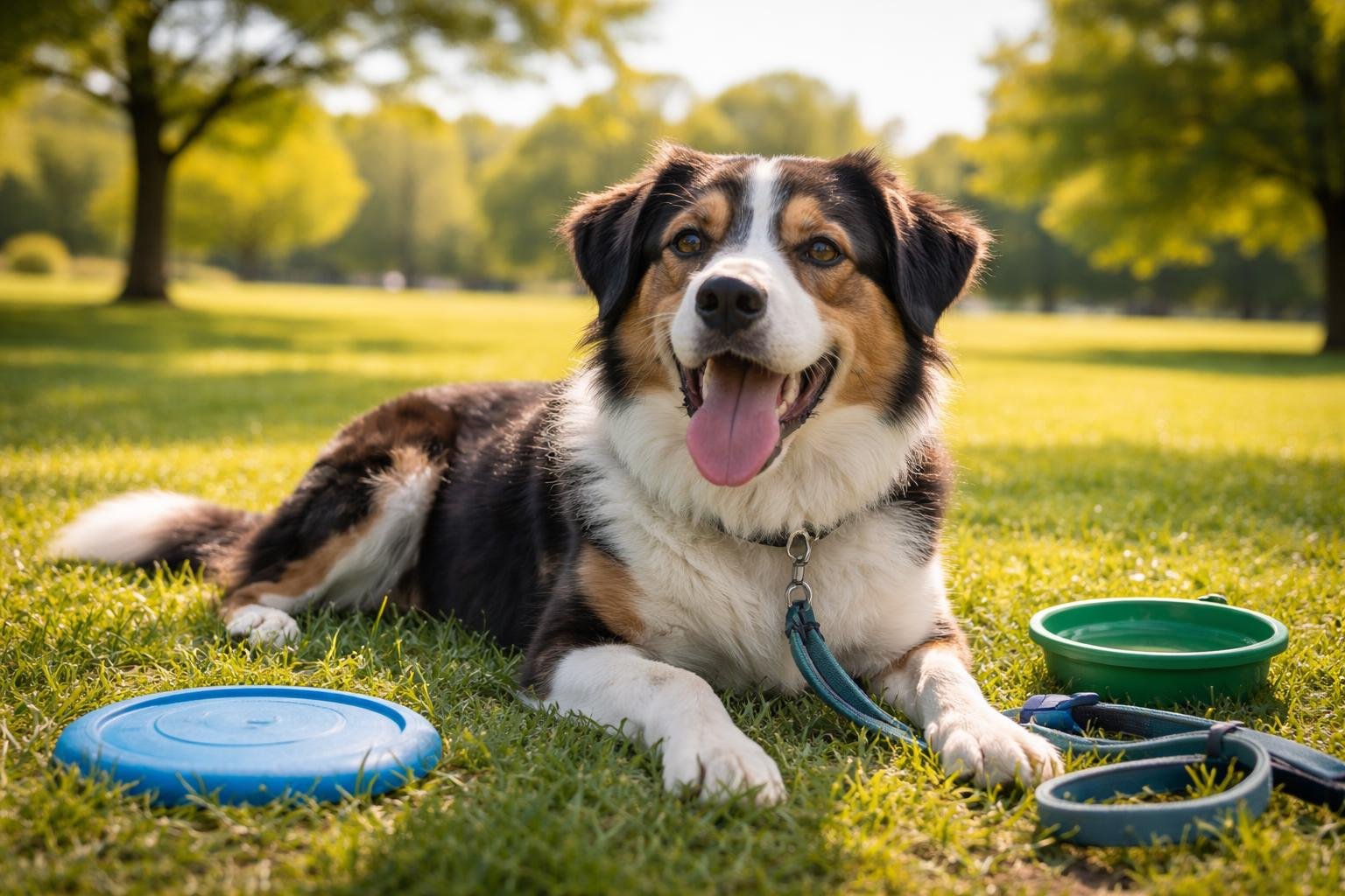 A medium-sized dog resting on grass in a park with a frisbee and water bowl nearby, looking relaxed and slightly tired.