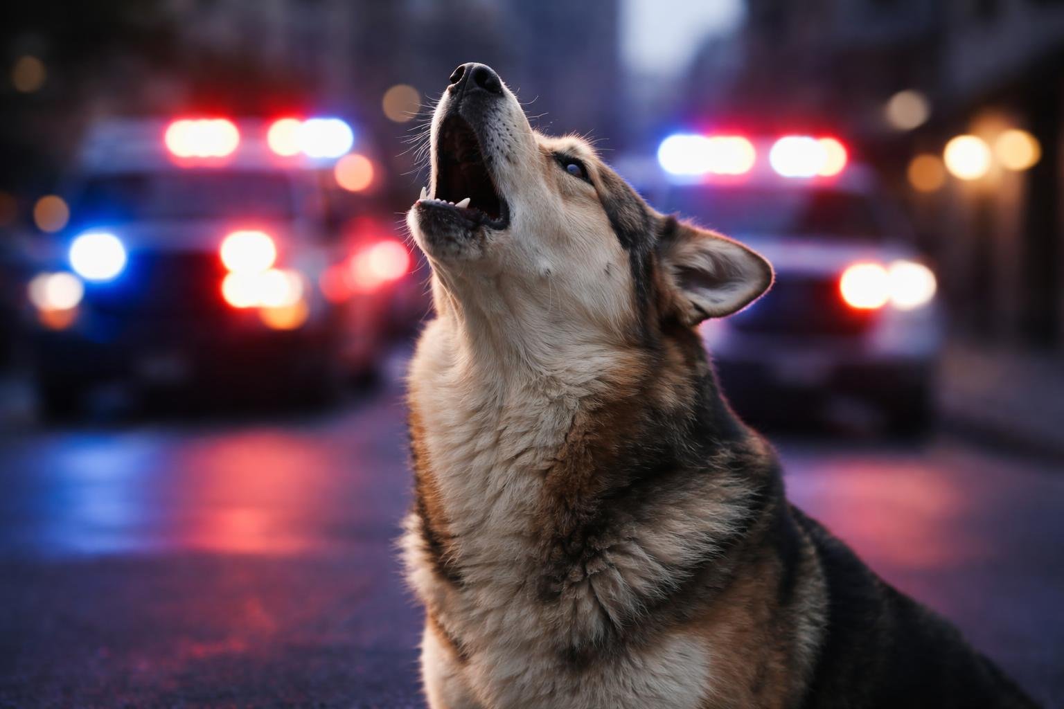 A dog howling with its head tilted back, with flashing red and blue emergency vehicle lights in the background.