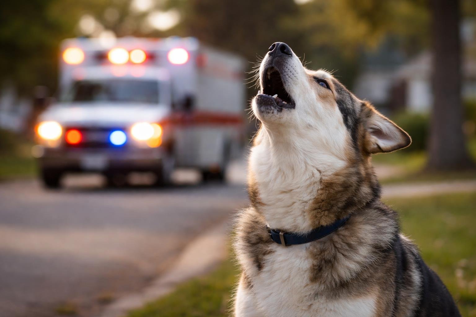 A dog outdoors howling with a blurred emergency vehicle flashing siren lights in the background.
