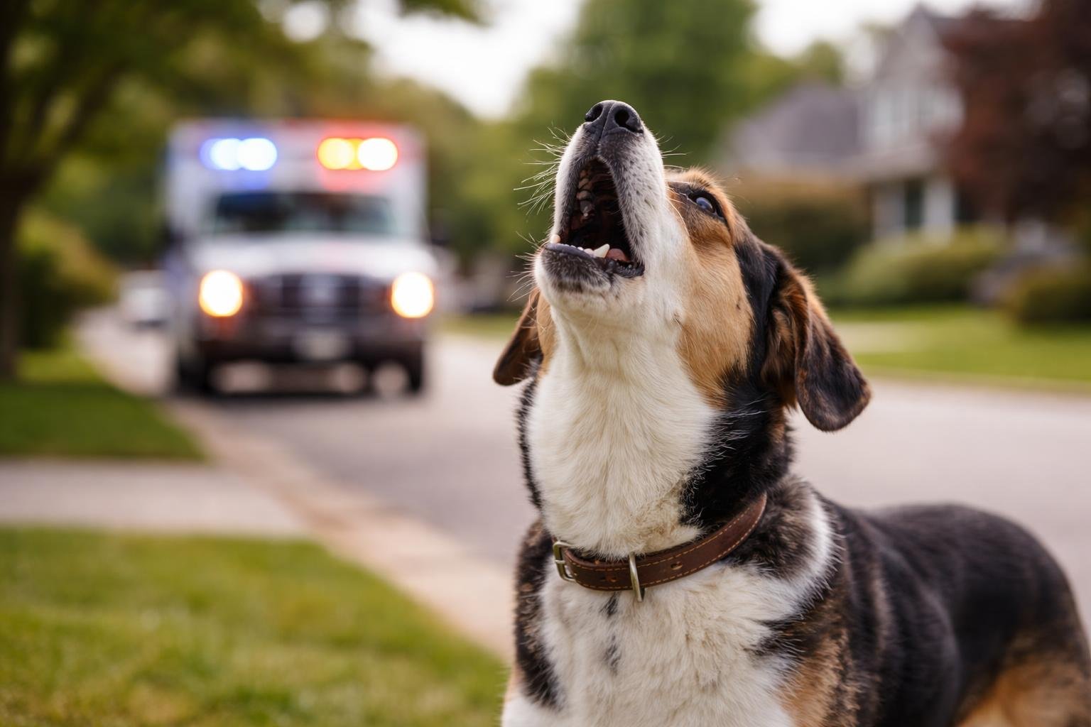 A dog outdoors howling with an emergency vehicle flashing siren lights in the background.