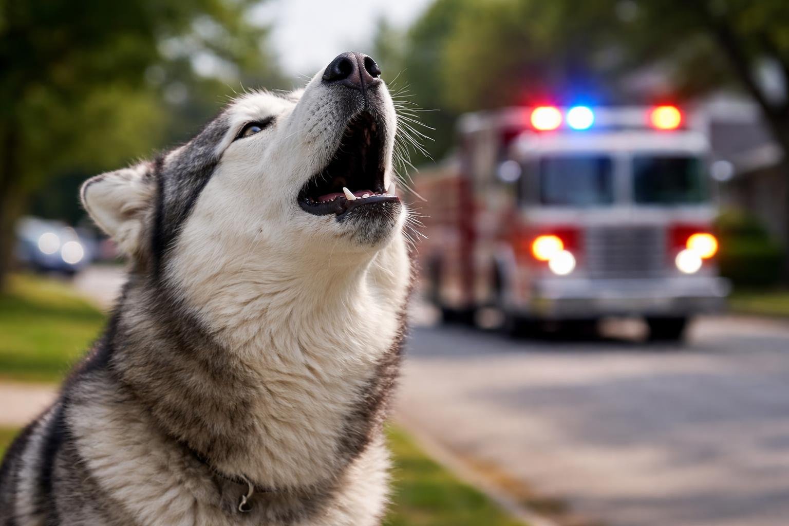 A dog howling outdoors with emergency vehicles flashing lights in the background.