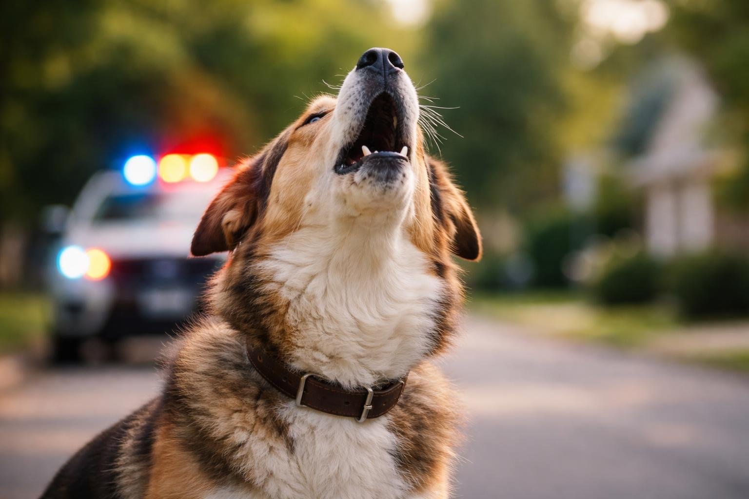 A dog outdoors howling with emergency vehicle siren lights flashing in the background on a suburban street.