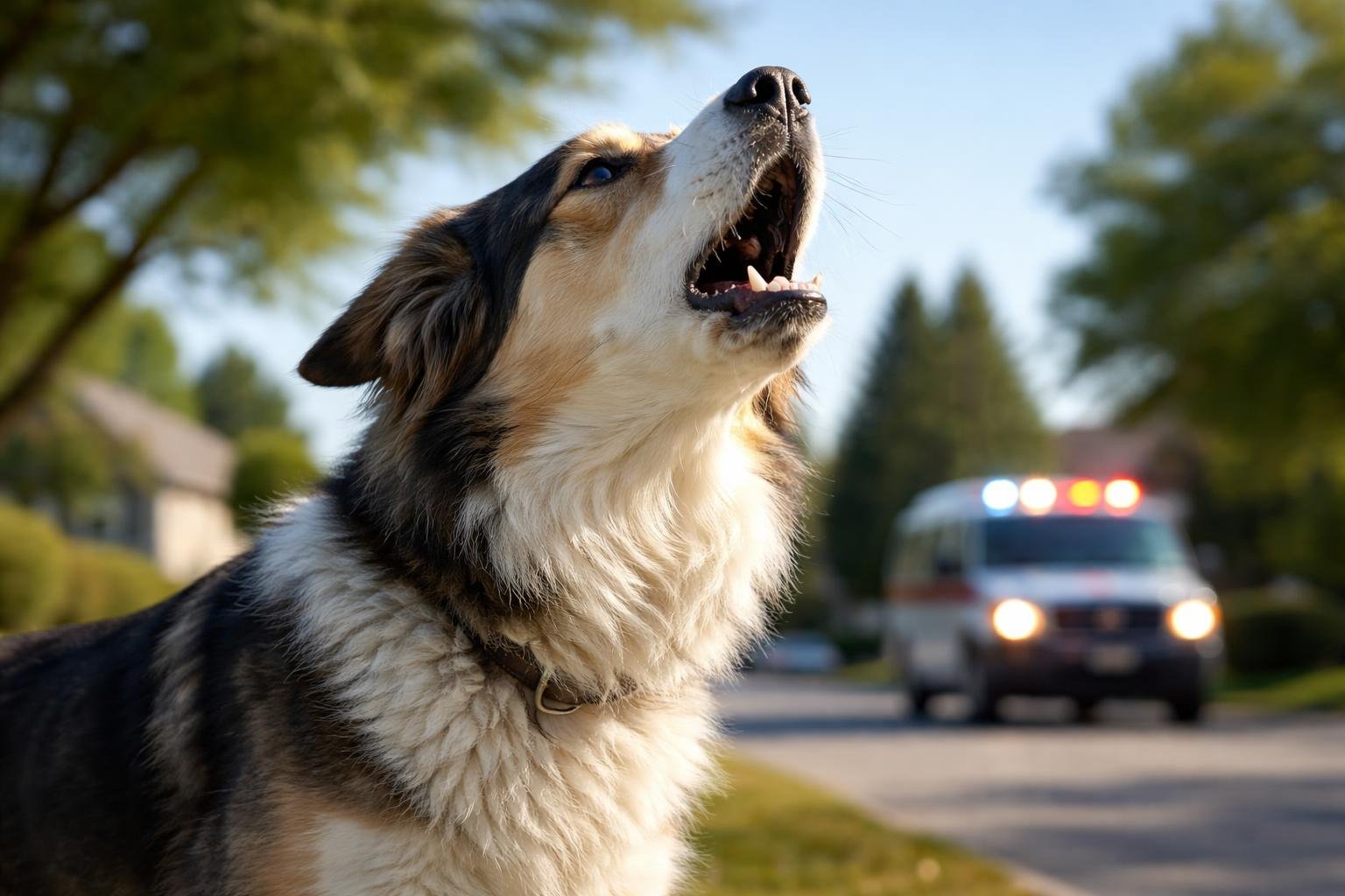 A dog outdoors howling with an emergency vehicle's flashing siren lights blurred in the background.